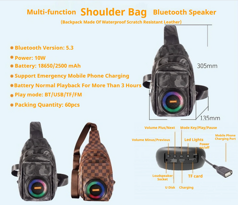 Bluetooth Speaker Rechargeable Waterproof Speaker Bag with Led Light