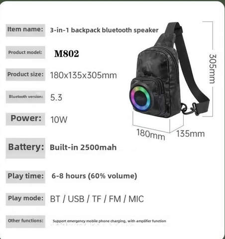 Bluetooth Speaker Rechargeable Waterproof Speaker Bag with Led Light